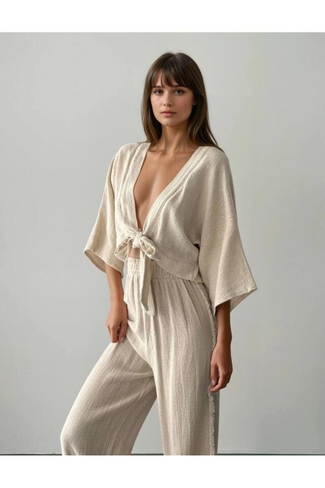 Dikişli Pantolon - Bağlamalı Keten Bluz Naturel Takım