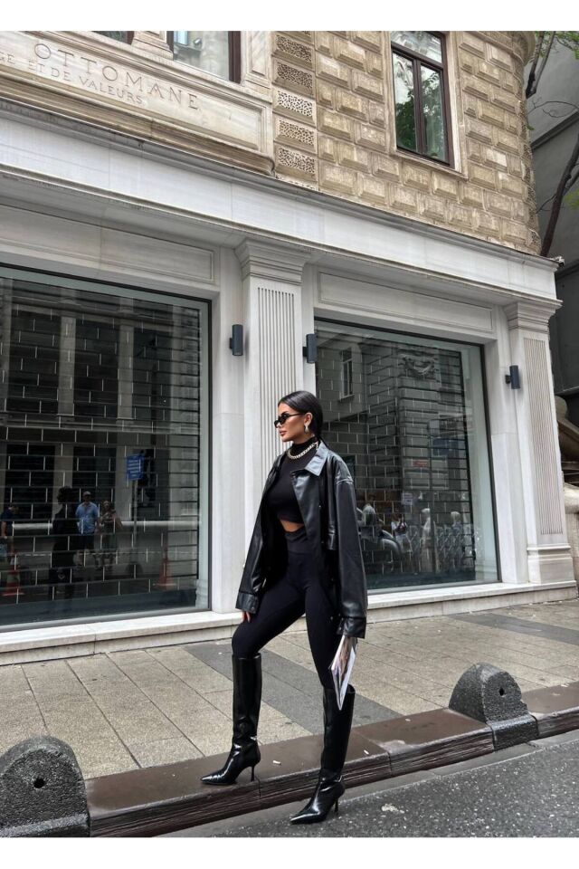 Altı Lastikli Kadın Deri Ceket