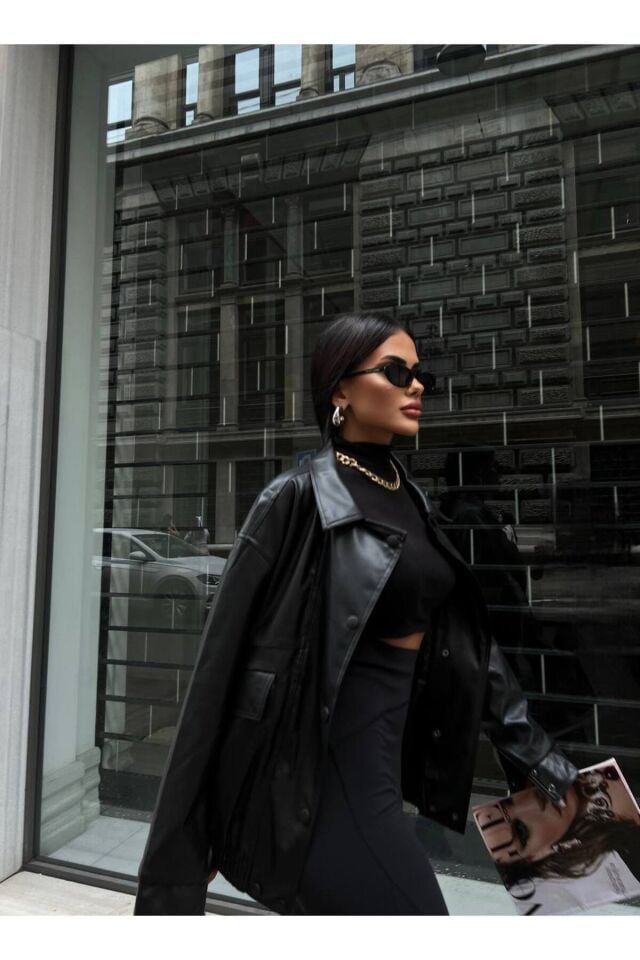 Altı Lastikli Kadın Deri Ceket