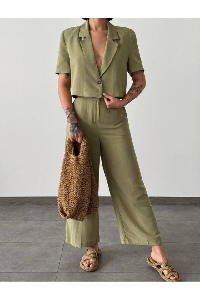 Kadın Kısa Kol Ceket Pantolon İkili Takım