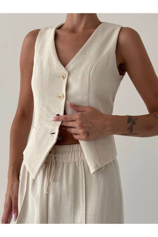 Natural %100 Pamuk Keten Yelek-Pantolon Takım