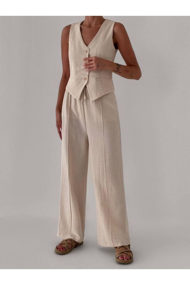 Natural %100 Pamuk Keten Yelek-Pantolon Takım