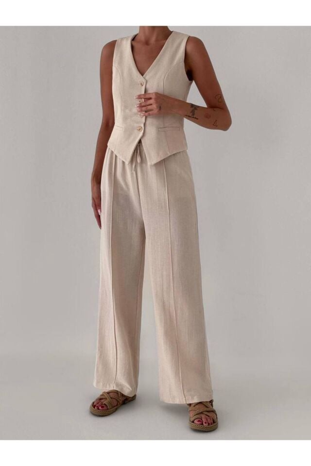 Natural %100 Pamuk Keten Yelek-Pantolon Takım