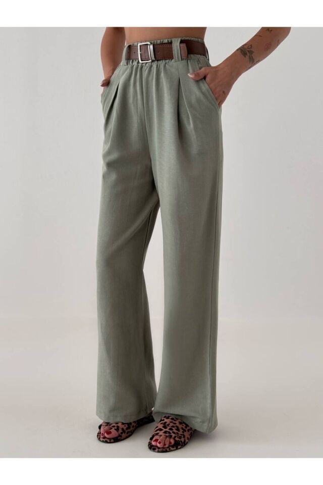 Kemerli Keten Kadın Pantolon