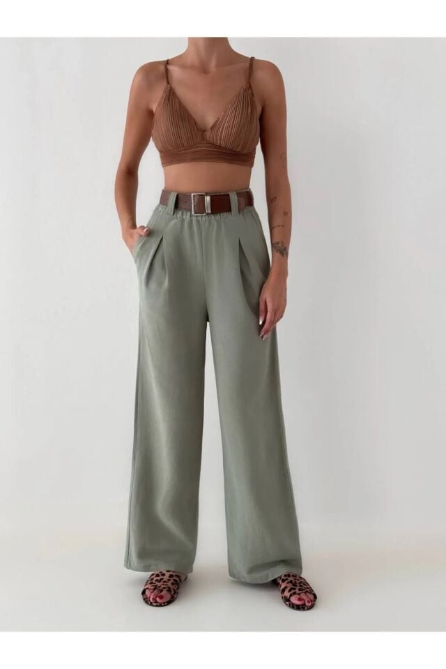 Kemerli Keten Kadın Pantolon