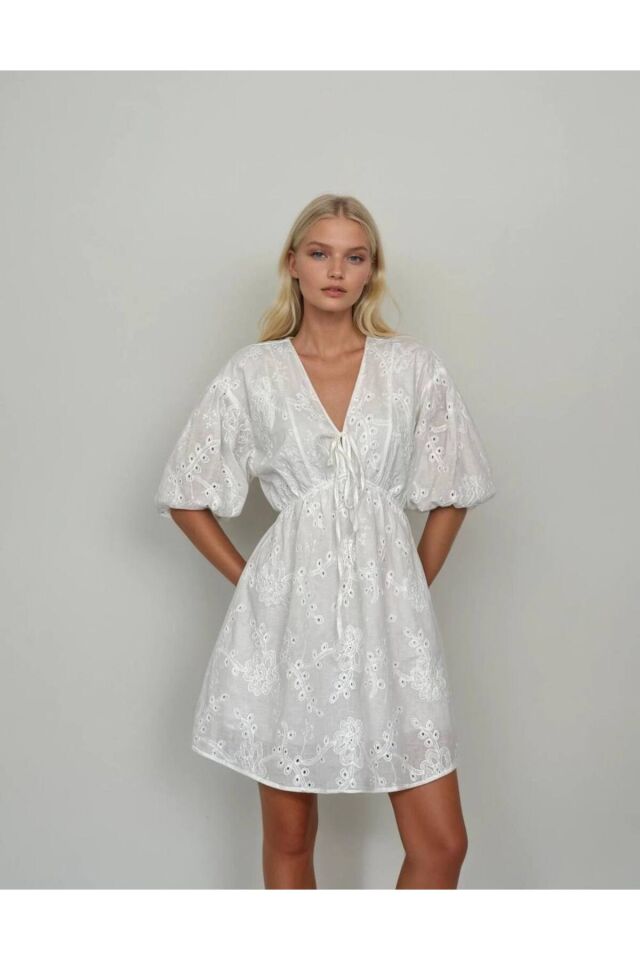 Brode Detay Fisto Balon Kol Kadın Elbise