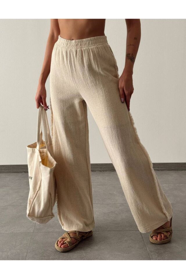 Dikişli Pantolon - Bağlamalı Keten Bluz Naturel Takım