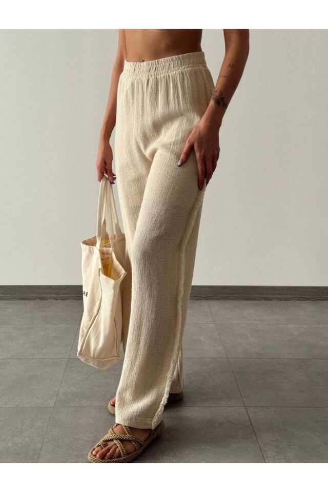 Dikişli Pantolon - Bağlamalı Keten Bluz Naturel Takım