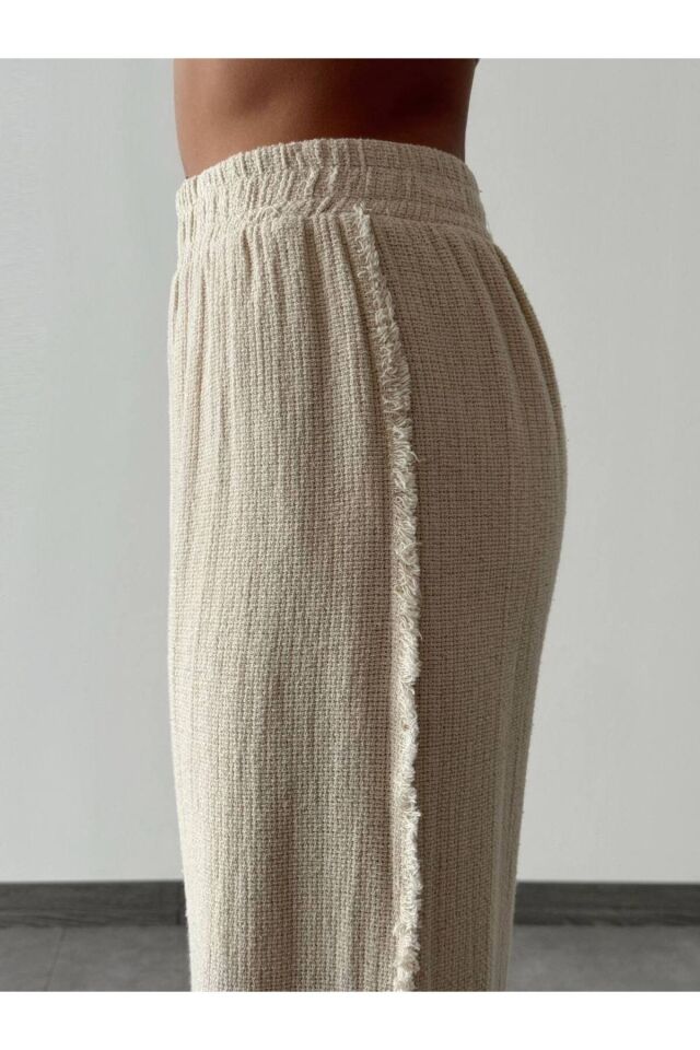 Dikişli Pantolon - Bağlamalı Keten Bluz Naturel Takım