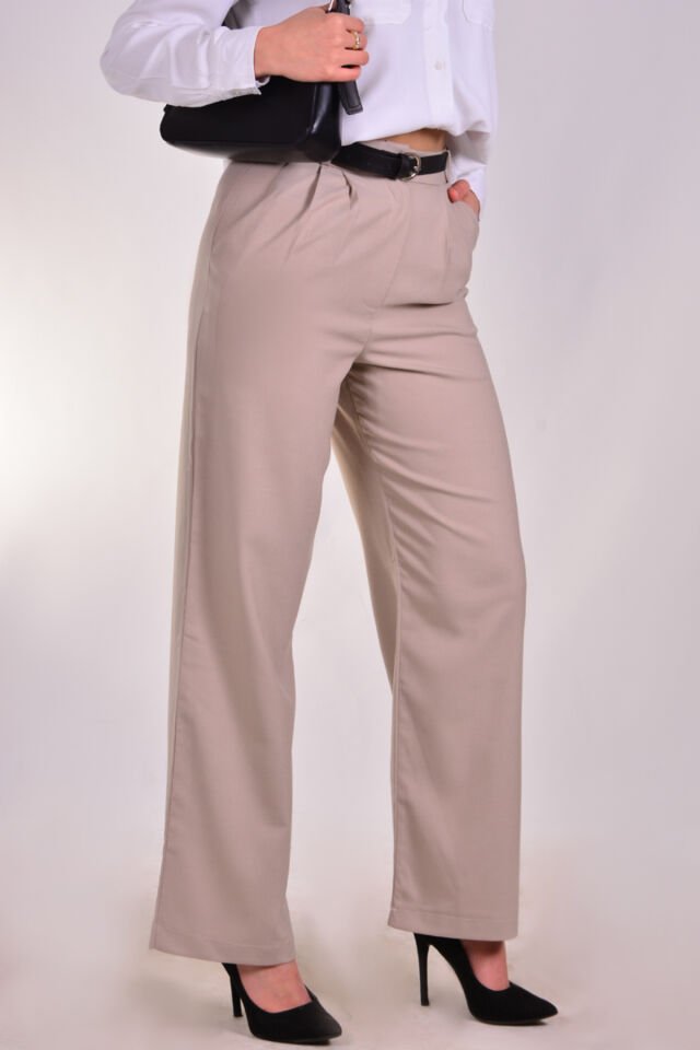 Kadın Geniş Paça Kemerli Dokuma Pantolon