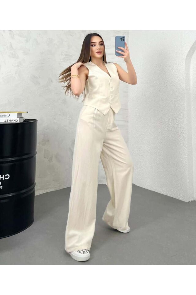 Kadın Krem Keten Kumaş Astarlı Yelek Lastikli Yüksek Bel Palazzo Pantolon Takım