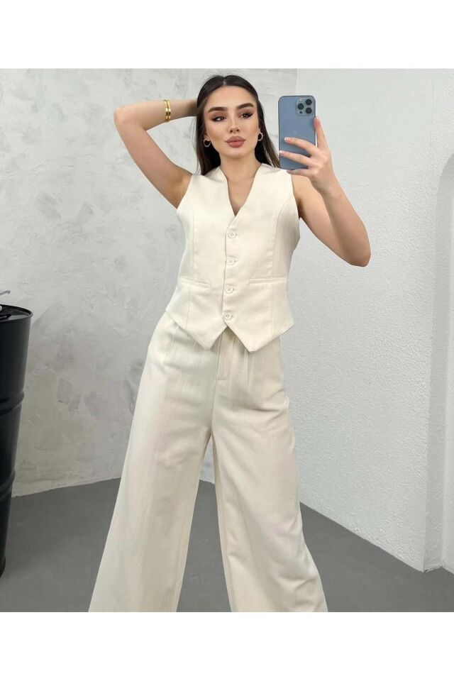 Kadın Krem Keten Kumaş Astarlı Yelek Lastikli Yüksek Bel Palazzo Pantolon Takım