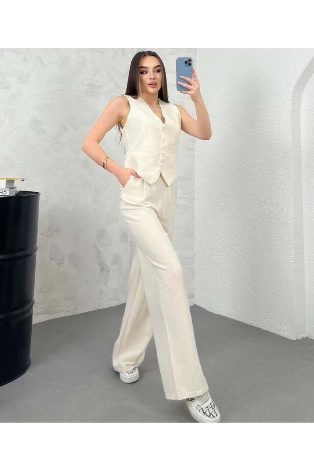Kadın Krem Keten Kumaş Astarlı Yelek Lastikli Yüksek Bel Palazzo Pantolon Takım