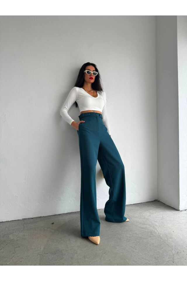 Yüksek Bel Kemer Detaylı Palazzo Pantolon