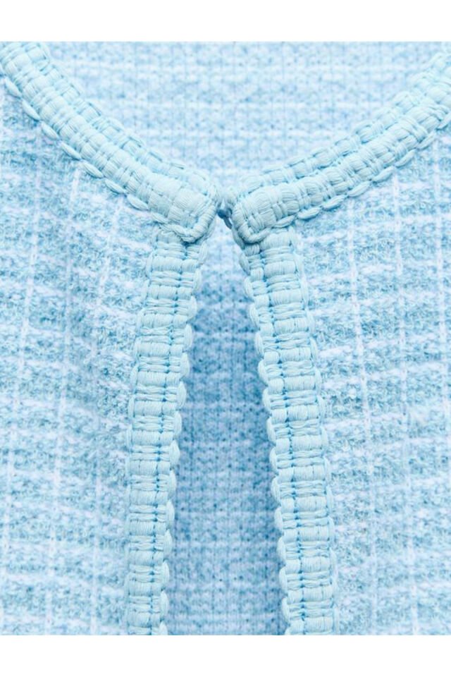 Kareli Tek Düğmeli Triko Crop Hırka