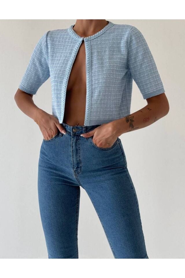 Kareli Tek Düğmeli Triko Crop Hırka