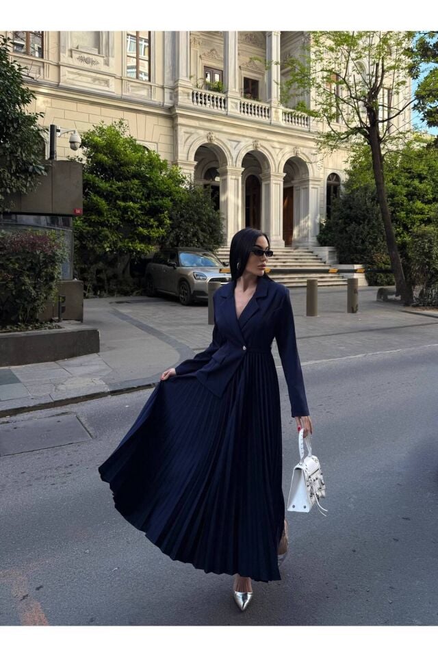 Premium Pileli Etekli Ceket Görünümlü Elbise