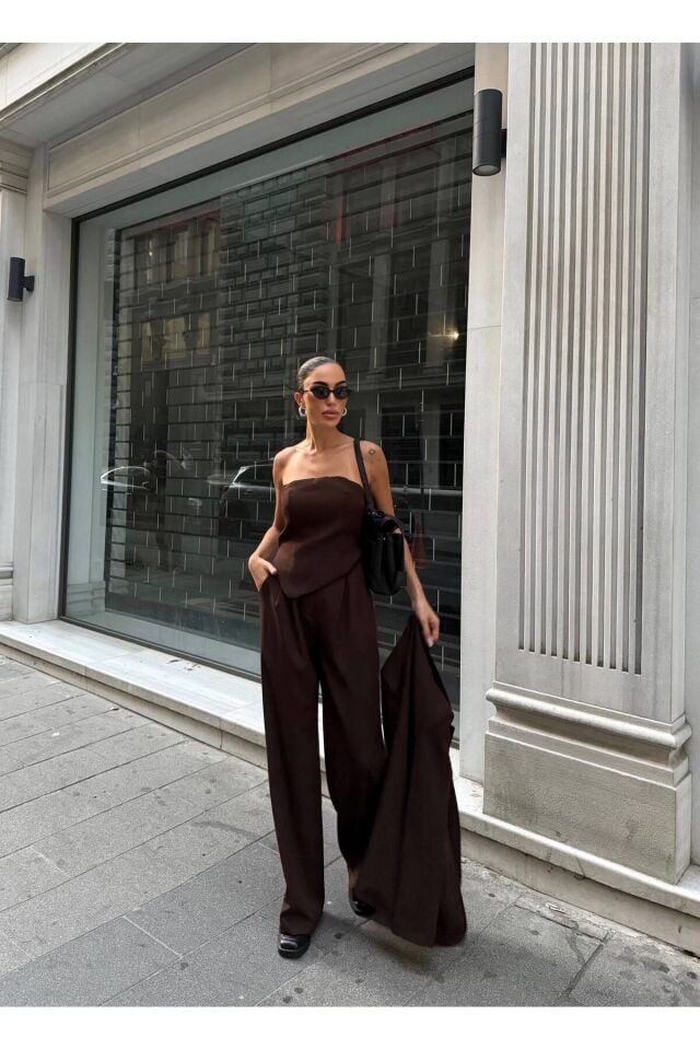Premium Ceket Straplez Bluz ve Pantolon Üçlü Kahverengi Takım