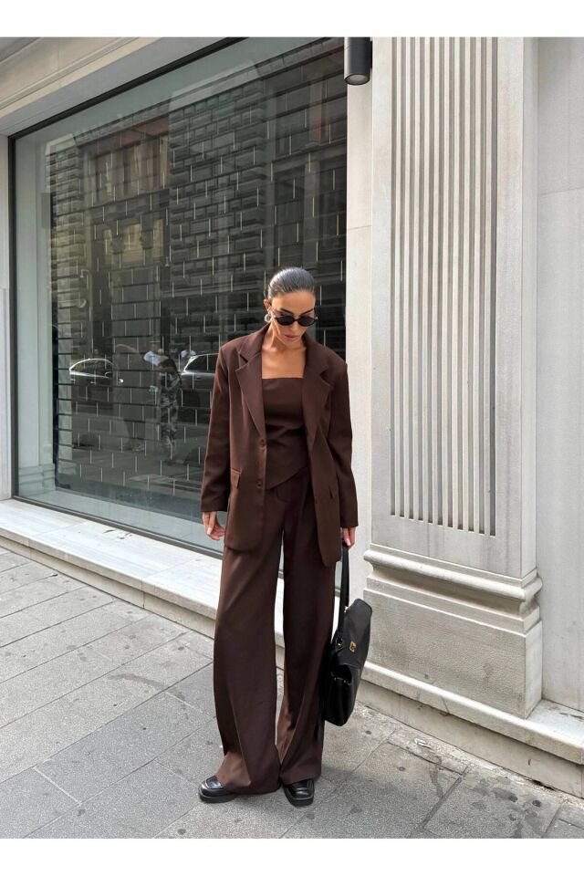 Premium Ceket Straplez Bluz ve Pantolon Üçlü Kahverengi Takım