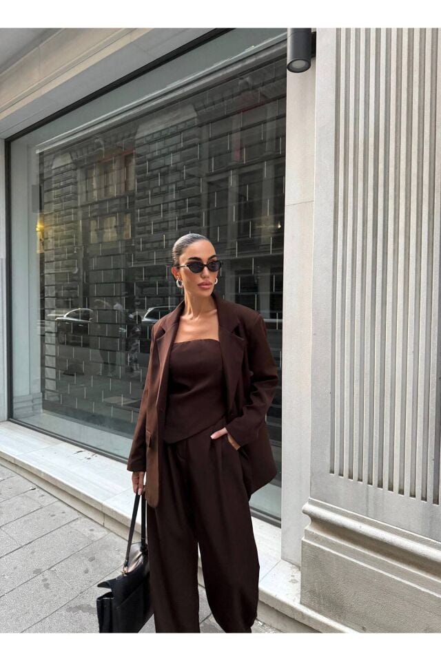 Premium Ceket Straplez Bluz ve Pantolon Üçlü Kahverengi Takım