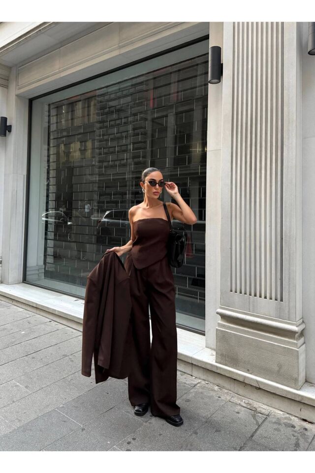 Premium Ceket Straplez Bluz ve Pantolon Üçlü Kahverengi Takım