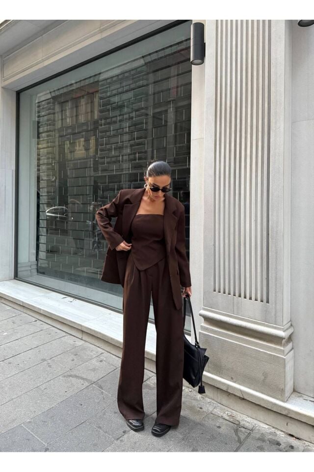 Premium Ceket Straplez Bluz ve Pantolon Üçlü Kahverengi Takım