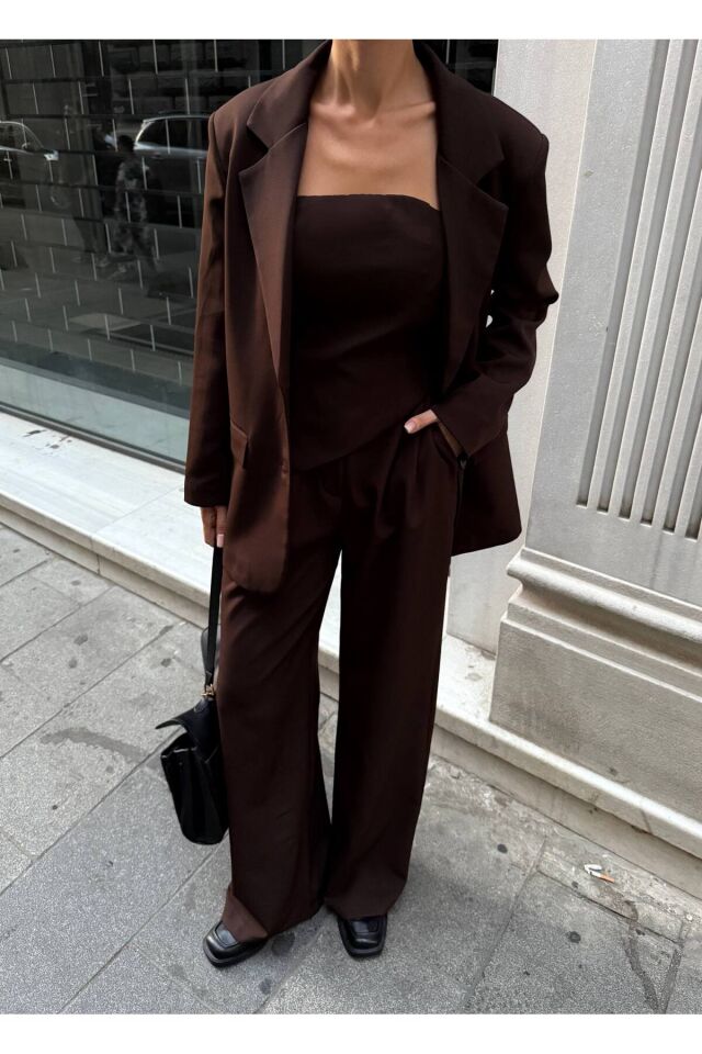Premium Ceket Straplez Bluz ve Pantolon Üçlü Kahverengi Takım