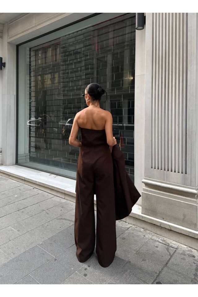 Premium Ceket Straplez Bluz ve Pantolon Üçlü Kahverengi Takım