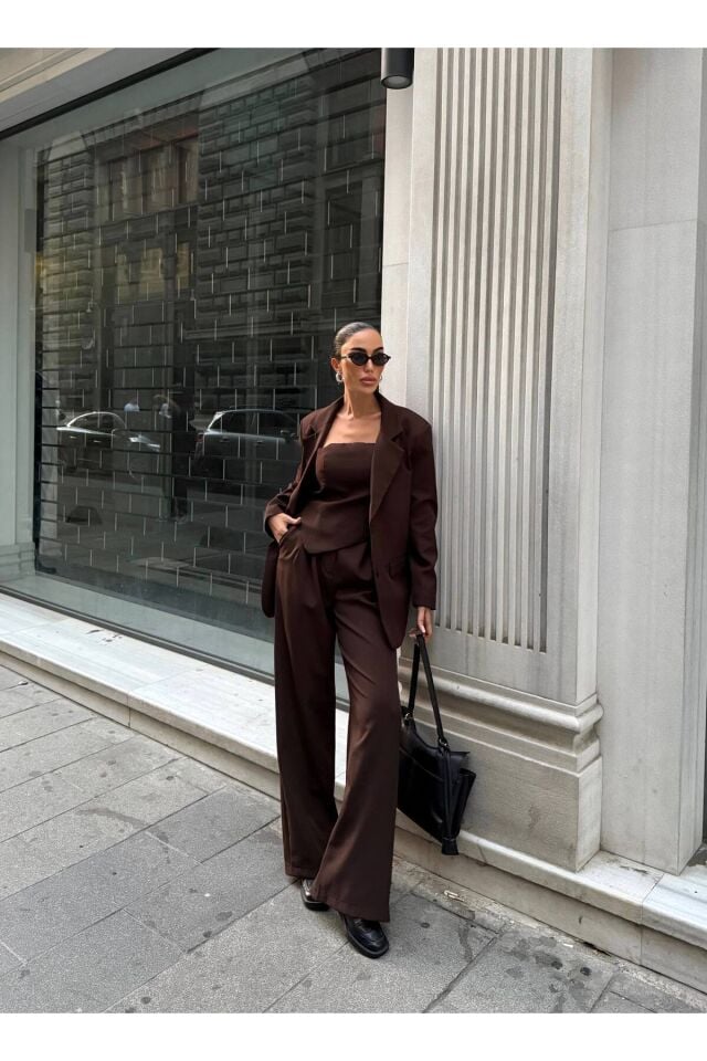 Premium Ceket Straplez Bluz ve Pantolon Üçlü Kahverengi Takım