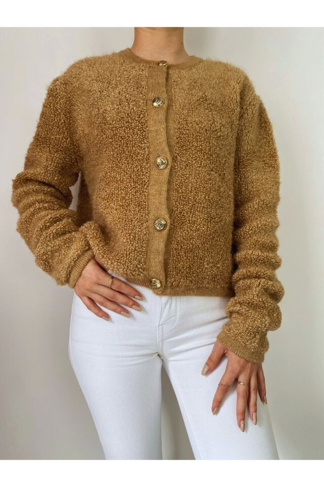 Düğmeli Havlu Desen Kahverengi Triko Hırka