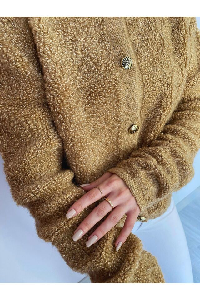 Düğmeli Havlu Desen Kahverengi Triko Hırka