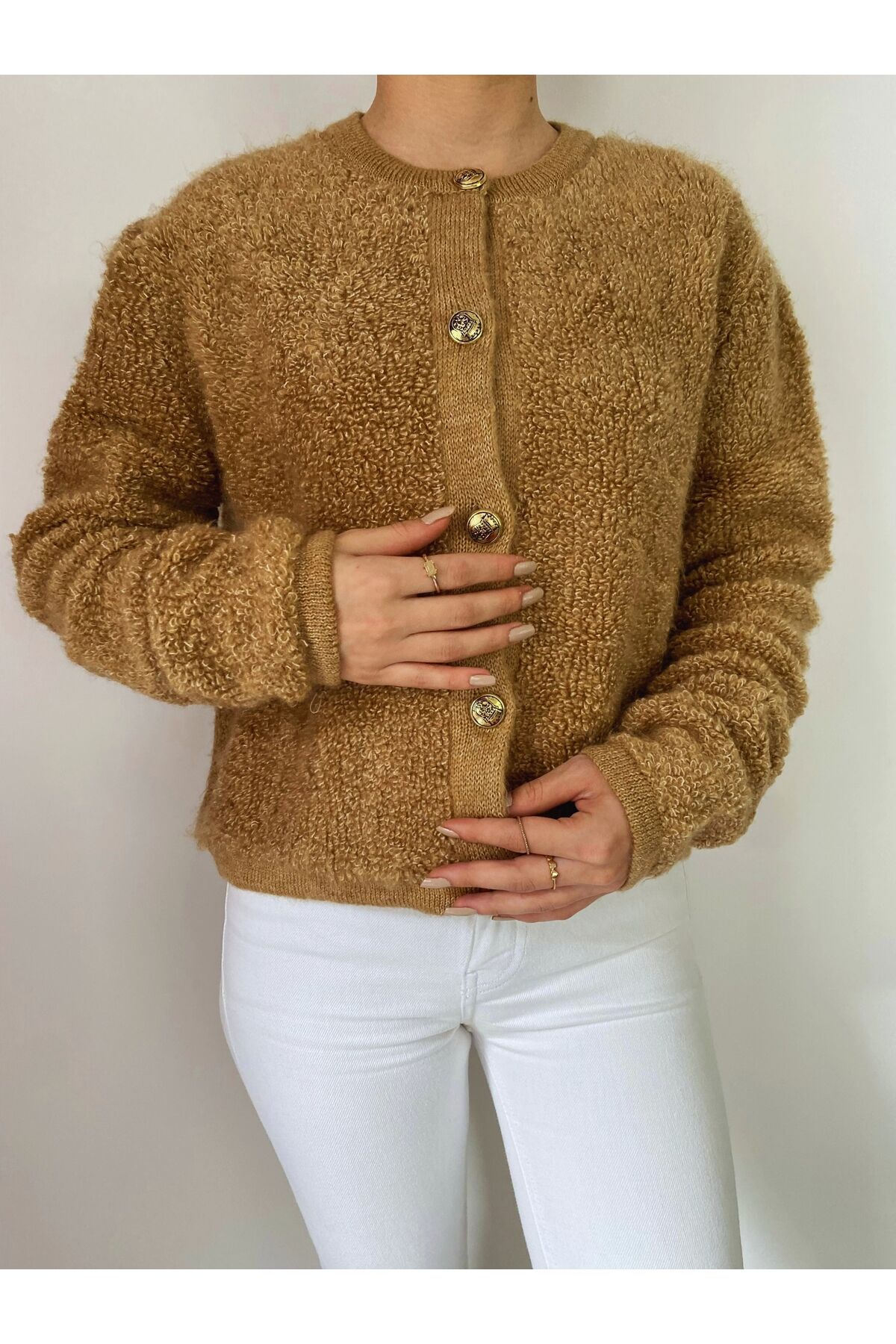 Düğmeli Havlu Desen Kahverengi Triko Hırka