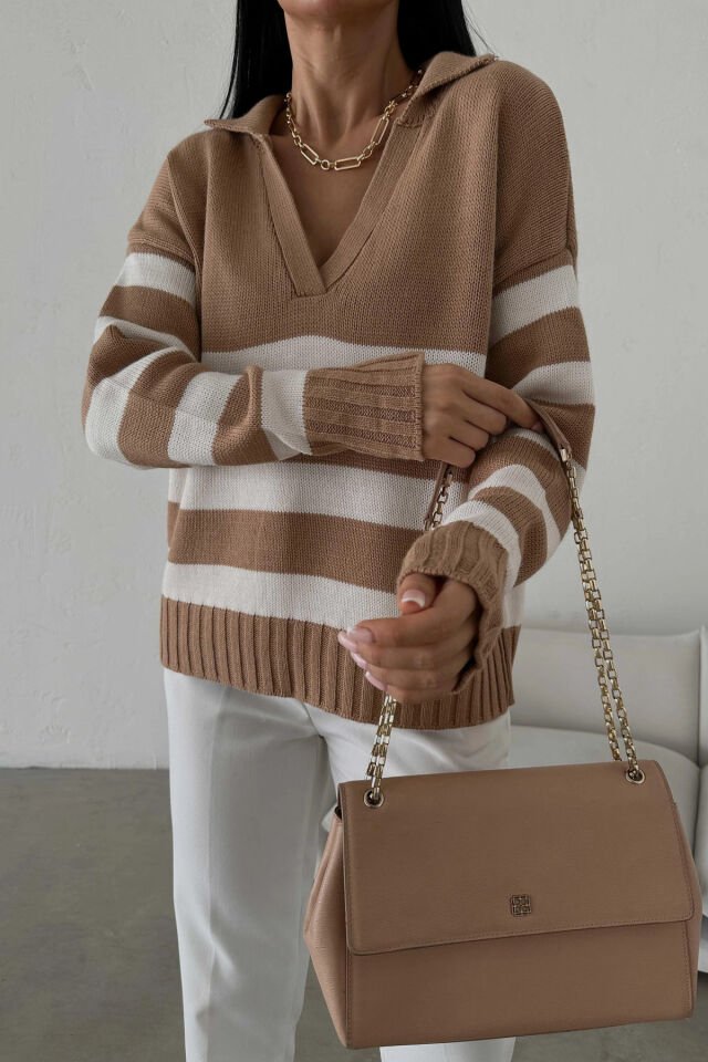 Polo Yaka Çizgili Triko Kazak