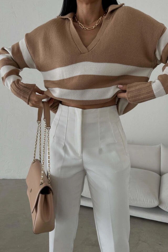 Polo Yaka Çizgili Triko Kazak