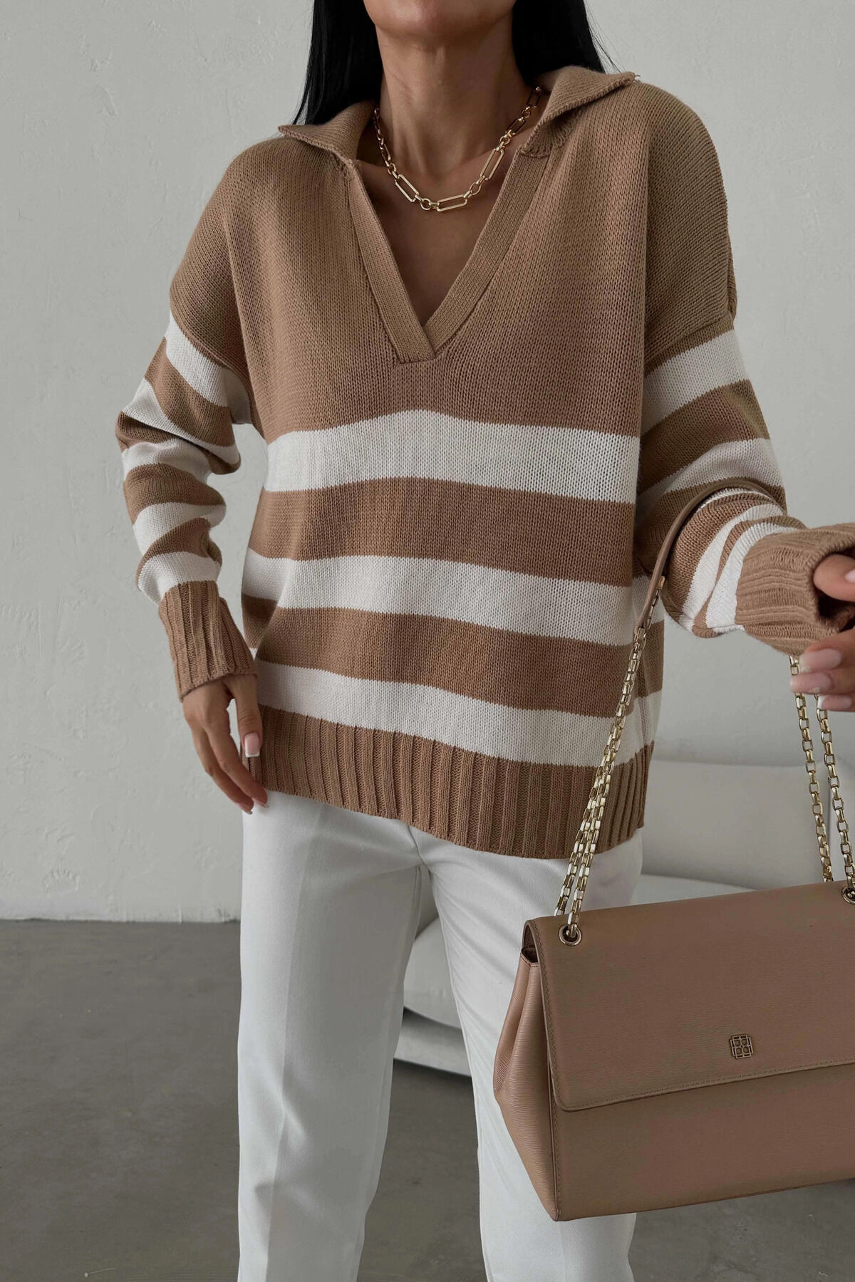 Polo Yaka Çizgili Triko Kazak