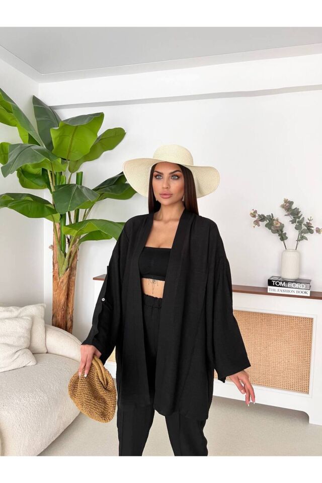Siyah Kimono Pantolon Takım