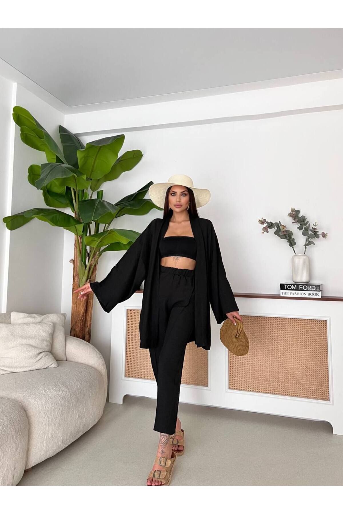 Siyah Kimono Pantolon Takım