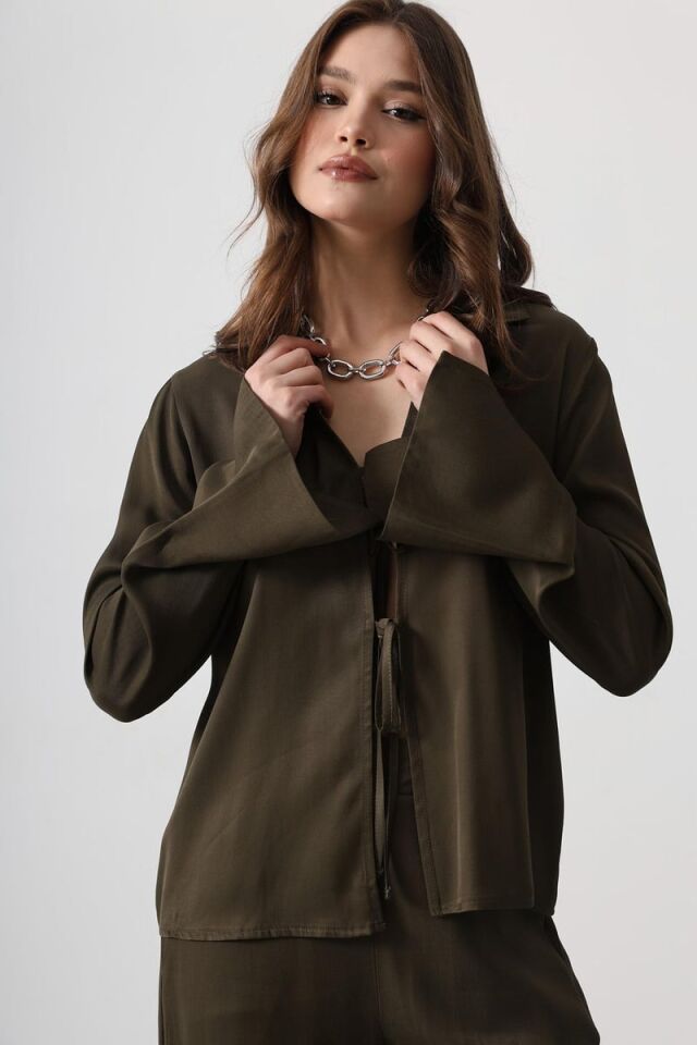 Önden Bağlamalı Bluz ve Pantolon Takım - Haki