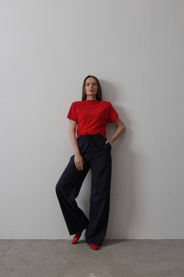 Beli Lastikli Bol Paça Lacivert Pantolon