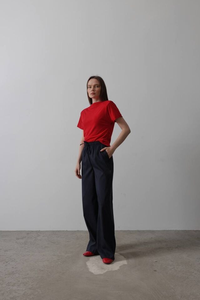 Beli Lastikli Bol Paça Lacivert Pantolon