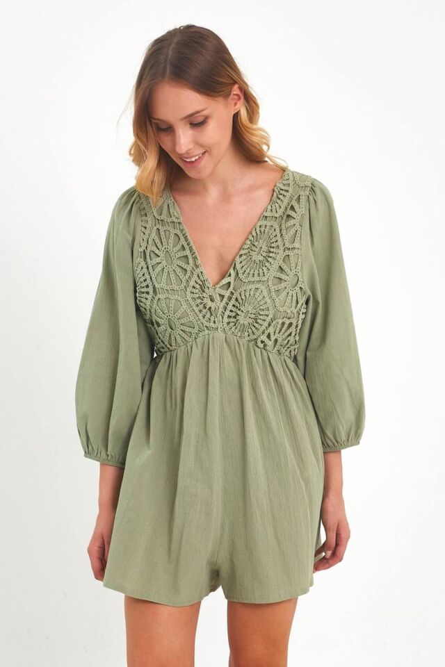 Haki Yeşil Dantel Detaylı Tulum