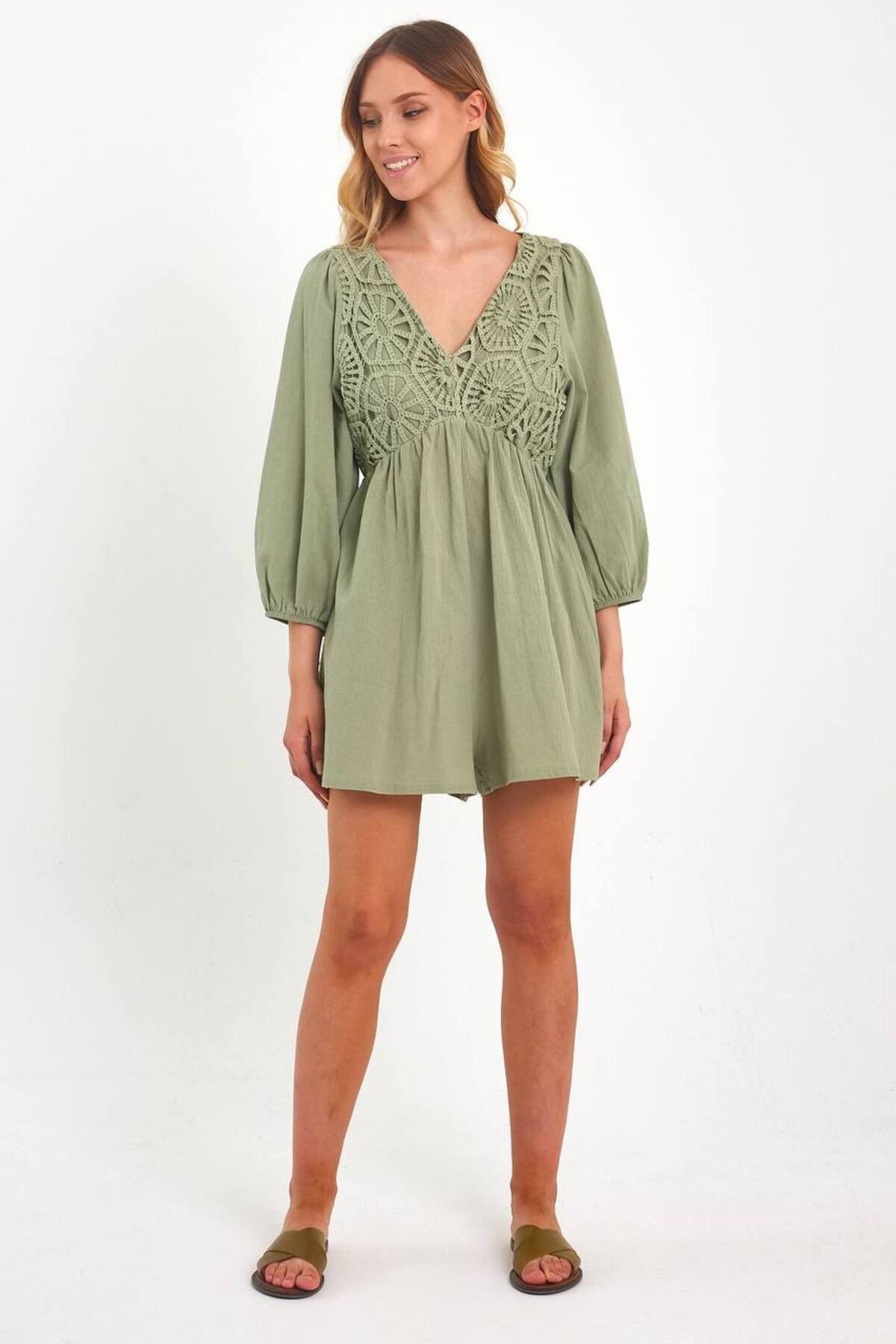 Haki Yeşil Dantel Detaylı Tulum