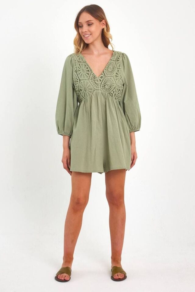 Haki Yeşil Dantel Detaylı Tulum