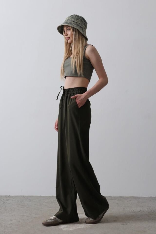 Beli Lastikli Bol Paça Haki Pantolon